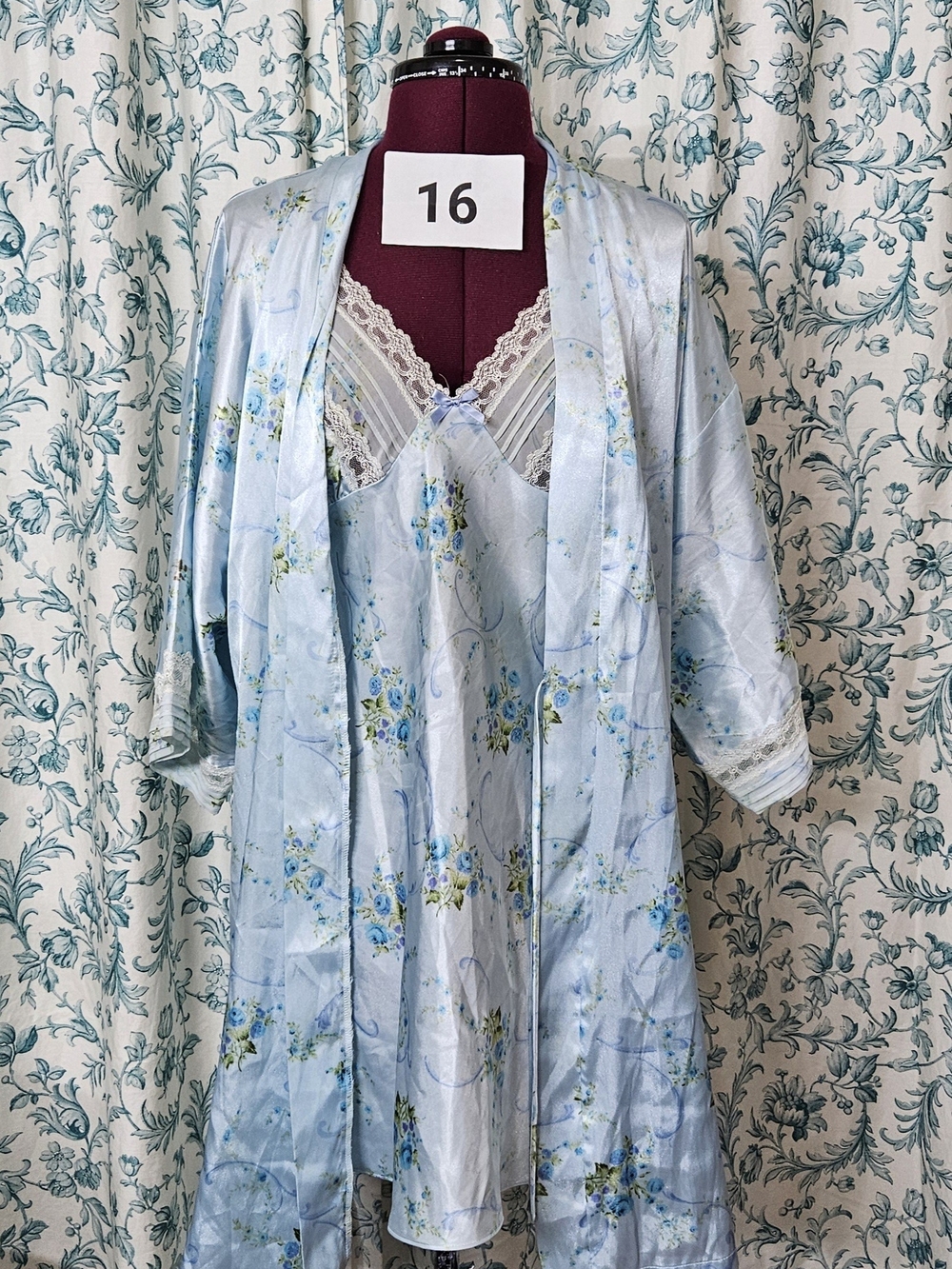 Secret Treasures Light Blue Floral Satin Chemise & Robe Set